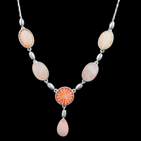 Monet Vintage Necklace Pink Orange Carved Glass Teardrop Pendant Statement - Picture 5 of 7